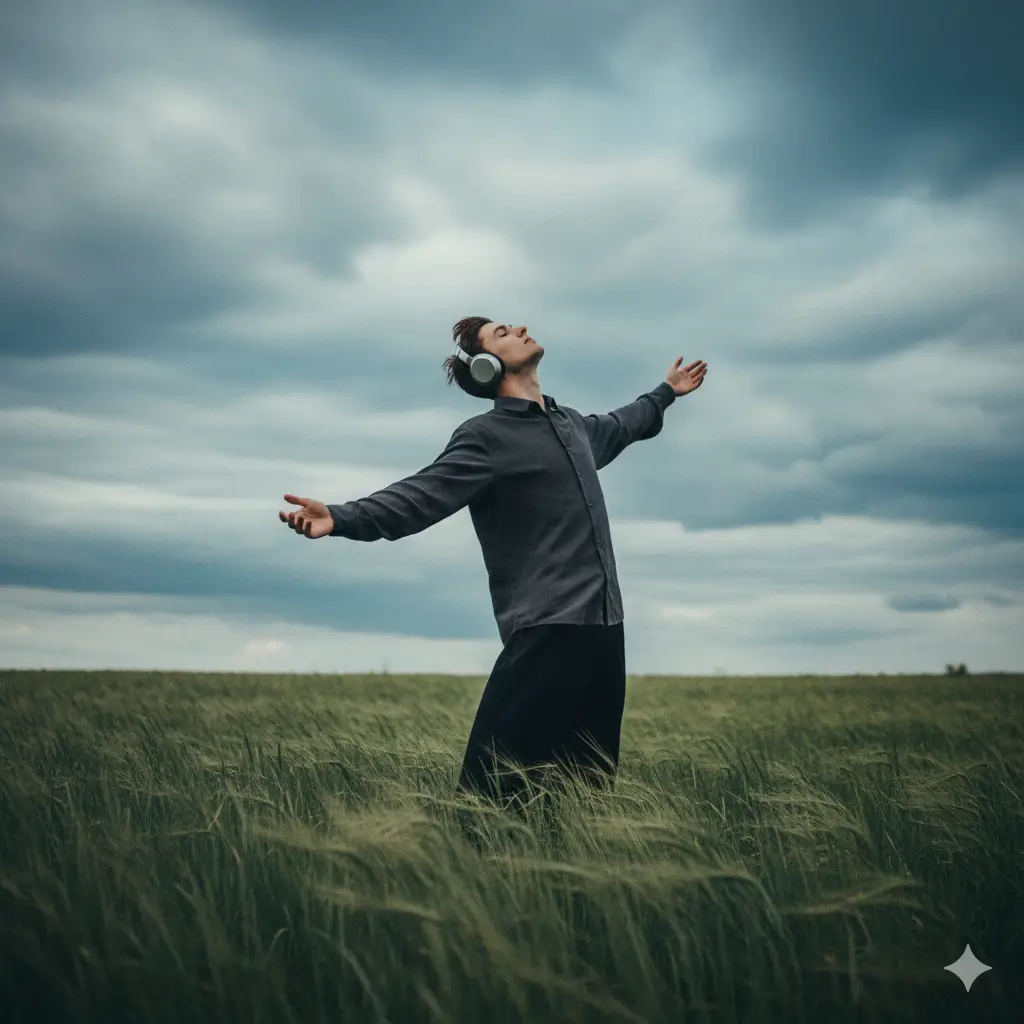 Moody Field Portrait with Headphones
